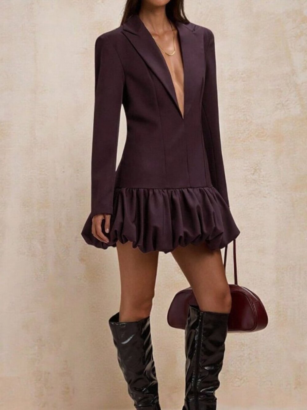 Coffee Brown Elegant Women's Long Sleeve Bubble Skirt Suit Dress - Picture 1 of 8